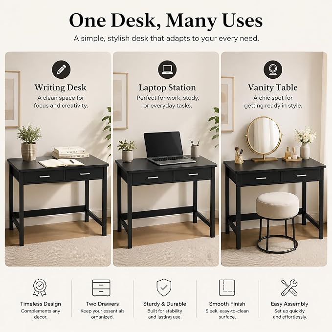 4NM 39.4" Small Desk with Wood Drawers, Home Office Computer Desk with Wooden Legs, Study Writing Table Vanity Desk for Small Spaces - Black