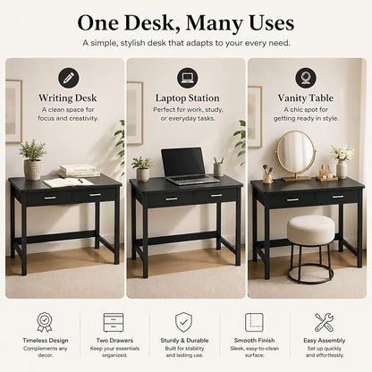 4NM 39.4" Small Desk with Wood Drawers, Home Office Computer Desk with Wooden Legs, Study Writing Table Vanity Desk for Small Spaces - Black