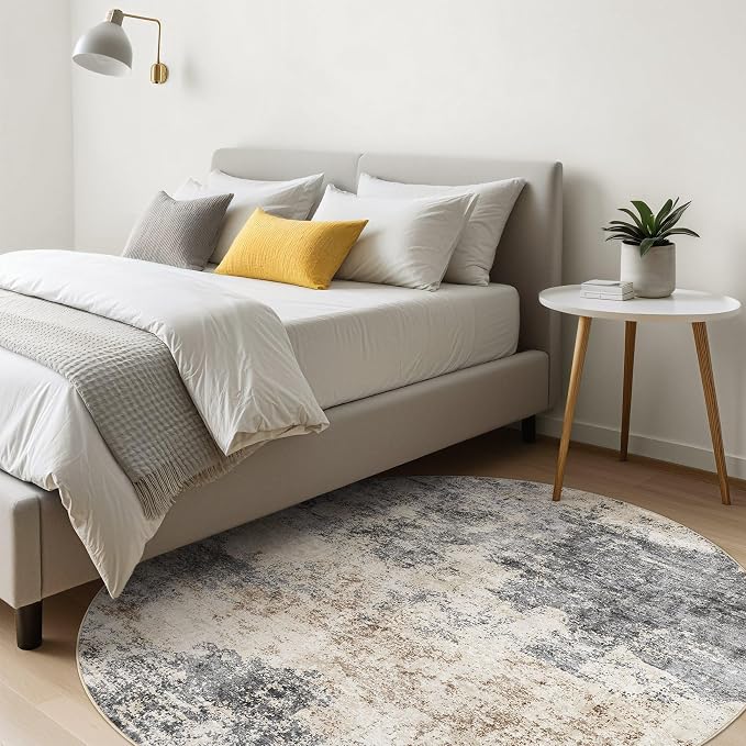 Round Rug Living Room Rugs: 7x7 Washable Circle Large Abstract Modern Soft Stain Resistant Non-Slip Indoor Floor Carpet for Bedroom Nursery Office Dining Room Dorm Home House- Grey Brown