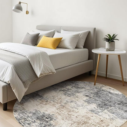 Round Rug Living Room Rugs: 7x7 Washable Circle Large Abstract Modern Soft Stain Resistant Non-Slip Indoor Floor Carpet for Bedroom Nursery Office Dining Room Dorm Home House- Grey Brown