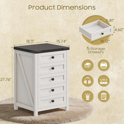 Halitaa 5 Drawer Storage Cabinet, Office Storage Cabinet with 5 Drawers, Small Farmhouse Printer Stand for Home Office, Rustic White and Black