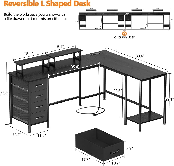 Korfile 66" L Shaped Computer Desk, 94.4'' Home Office Desk with Power Outlets, 4 Adjustable Storage Drawers & 2 Monitor Stands, Large Two Person Gaming Table for Writing Study, Black