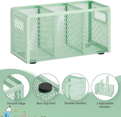 Marbrasse Mesh Pen Holder for Desk,Pencil Holder Desk Organizer 3 Adjustable Compartments,Pencil Cup with Handle Perfect for Classroom, Office, Home,Makeup,Art (Green)