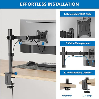Mount-It! Single Monitor Arm Desk Mount for 17-32 Inch Screens, Holds up to 19.8 lbs, Height Adjustable Full Motion Stand, Steel, Clamp and Grommet Base, VESA 75x75 100x100, Cable Management, Black