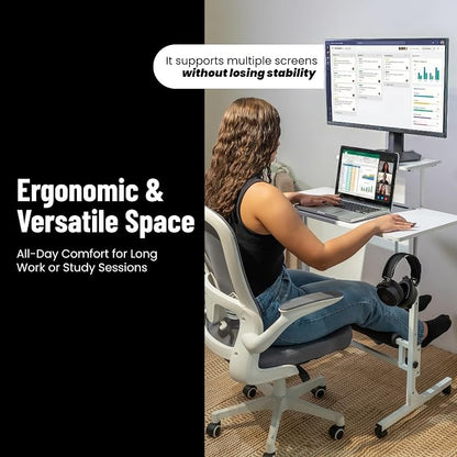 Small Rolling Desk with Wheels, Adjustable Height 27"-43.3" Portable Standing Desk, 31.5"x15.7" Tabletop, Mobile Laptop Computer Table for Home Office Workstation, White