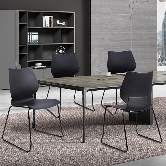 KLASIKA Stackable Waiting Room Chair, Stacking Office Chair with Ergonomic Lumbar Support and Metal Legs, Plastic Desk Chairs for Conference School Church Guest Reception Set of 4, Black