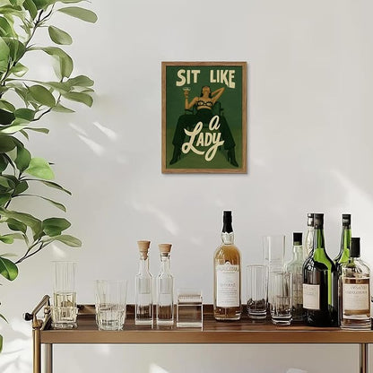 Framed Feminist Wall Art, Vintage Sit Like a Lady Green Wall Decor, Bold Girl Power Feminine Poster Print, Retro Empowering Female Canvas Painting Aesthetic for Bedroom Dorm 16x24 inch