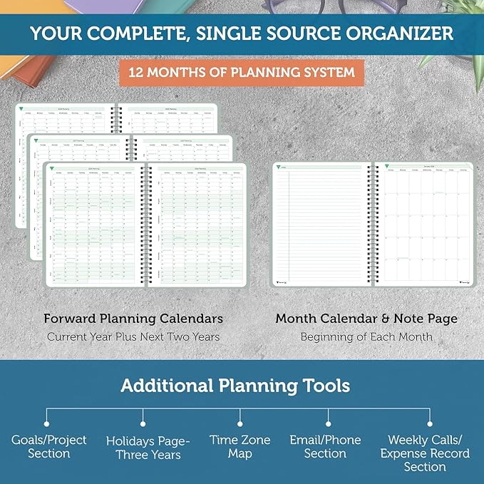 Planner Pad Spiral Bound January-December 2027/ Calender Year 8 1/2" x 11" Large 3-Tier Funnel Down 12 Month/Weekly Organizer, Greenish Grey Cover/Soft Green Ink