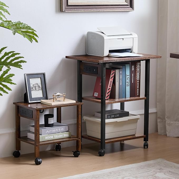 Lerliuo 3-Tier Printer Stand with Charging Station, Industrial Mobile Printer Table with Storage Shelf and Steel Frame, Rolling Printer Cart Holder with Lockable Wheels for Home, Office (Brown)
