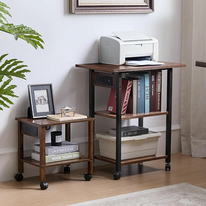 Lerliuo 3-Tier Printer Stand with Charging Station, Industrial Mobile Printer Table with Storage Shelf and Steel Frame, Rolling Printer Cart Holder with Lockable Wheels for Home, Office (Brown)