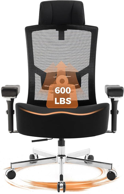 600lbs Big and Tall Office Chair with Wider W-Shaped Thick Seat Cushion, Ergonomic Computer Mesh Desk Chairs for Heavy People, Computer Chair, Adjustable Lumbar Support, 4D Armrests Headrest