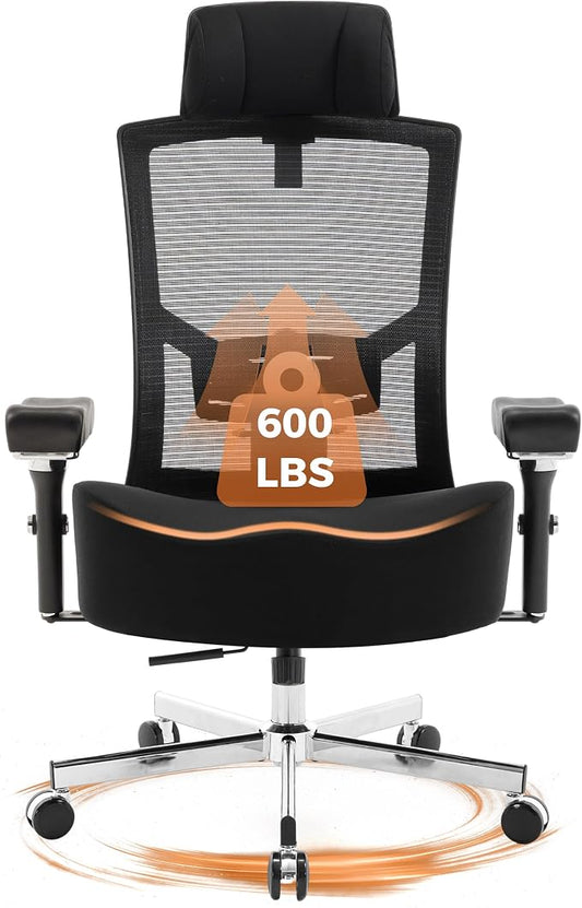 600lbs Big and Tall Office Chair with Wider W-Shaped Thick Seat Cushion, Ergonomic Computer Mesh Desk Chairs for Heavy People, Computer Chair, Adjustable Lumbar Support, 4D Armrests Headrest