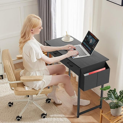 DUMOS 32" Home Office Computer Desk with Drawers, Small Gaming Writing Study Table with Storage Side Bag, Headphone Hook and Adjustable Feet for Bedroom Black