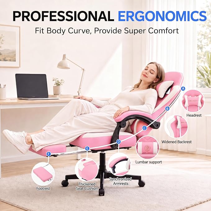 Desk Computer Gaming Chair - High Back Ergonomic Office Chair with Footrest and Lumbar Support, Swivel Comfy Home Gamer Video Game Chairs with Pocket Spring Cushion for Adults (Pink Leather)