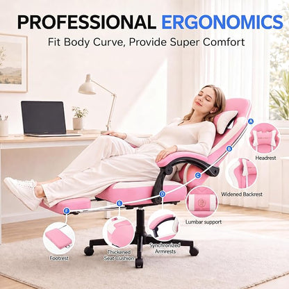 Desk Computer Gaming Chair - High Back Ergonomic Office Chair with Footrest and Lumbar Support, Swivel Comfy Home Gamer Video Game Chairs with Pocket Spring Cushion for Adults (Pink Leather)