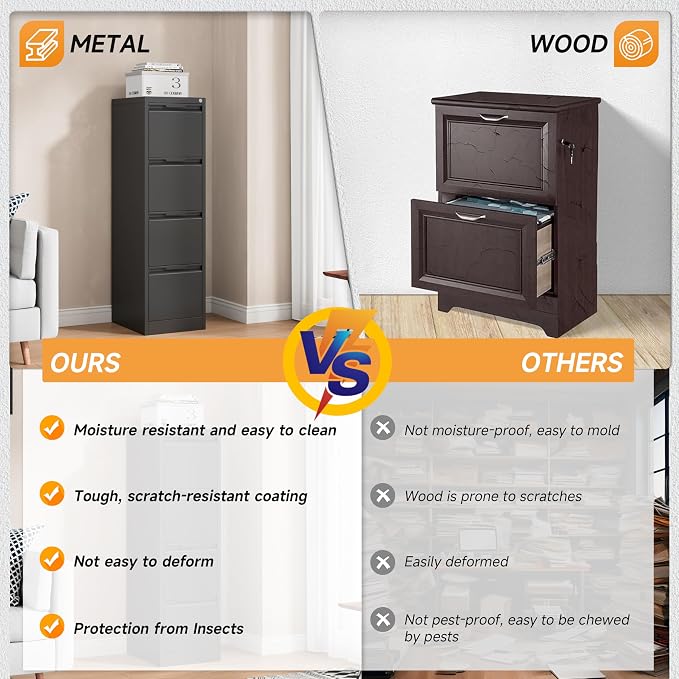Bestoo 4 Drawer File Cabinet with Lock Metal Vertical Filing Cabinet Narrow File Cabinet Locked for Home Office A4 Legal/Letter Size Assembly Required (Black, 4 Drawers-Vertical)