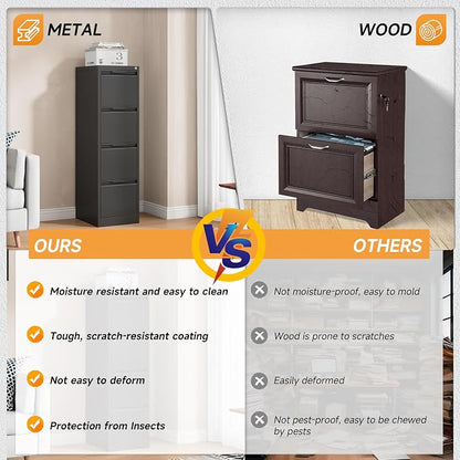 Bestoo 4 Drawer File Cabinet with Lock Metal Vertical Filing Cabinet Narrow File Cabinet Locked for Home Office A4 Legal/Letter Size Assembly Required (Black, 4 Drawers-Vertical)