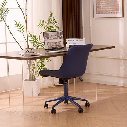 YOUNIKE Faux Leather Ergonomic Office Chair Armless Comfy Desk Chair with Rocking Back Cute Swivel Vanity Chair with Wheels Height Adjustable Small Computer Task Chair for Sewing Drafting Navy Blue