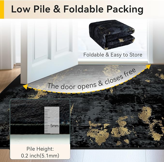RELEANY Washable Area Rugs 4ft Non-Slip Modern Abstract Soft for Living Room Entryway Bedroom Kitchen, Print Pattern, Dark Black Gold