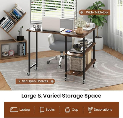 Tangkula 360° Rotating Sofa Side Table, Patented Mobile End Table with 2-Tier Storage Shelves, Swivel Rolling Desk with 6 Lockable Wheels, Metal Frame, Movable Laptop Table Couch Snack Table for Home