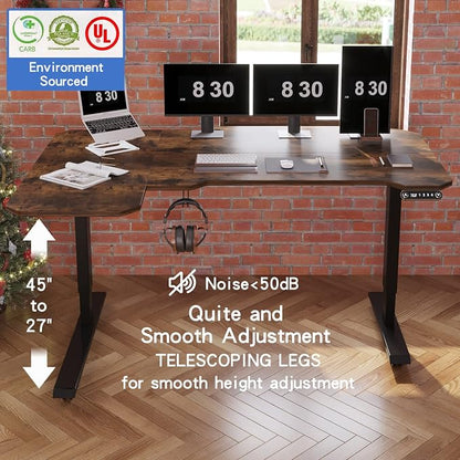 L-Shaped 59" Height Adjustable Electric Standing Desk, Sit and Stand Up Home Office Computer Desk with Splice Board (Rustic Brown Top, Black Frame)