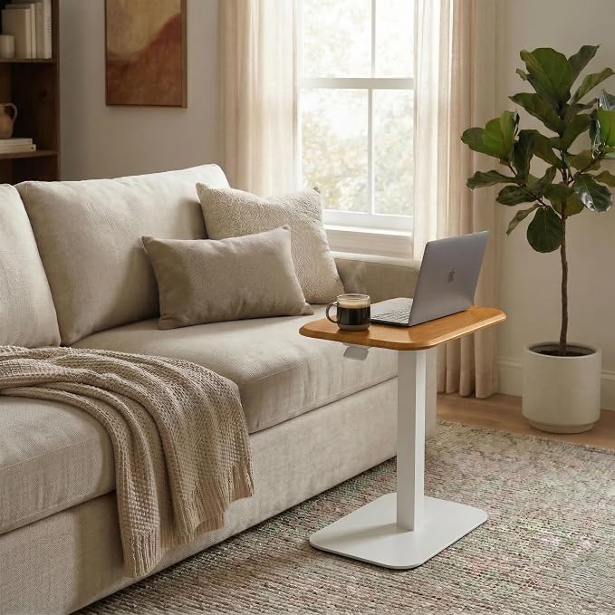 Elevance Height Adjustable Side Table, White Base, Golden Maple Top | Sofa Laptop Table for Couch & Bed | Small C-Shape End Table for Home or Office