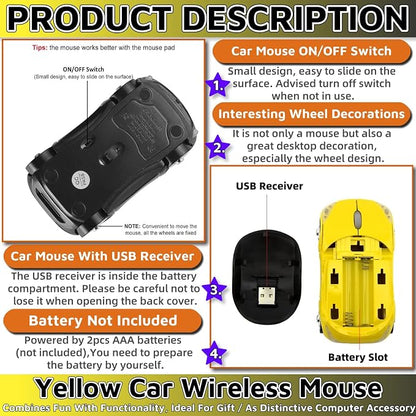 HuGuWdy Yellow Cute Wireless Mouse，2.4G with USB Reciver 1600DPI Car Mouse for Computer Wireless for Laptop Computer Tablet for Windows for Mac OS for Christmas（Yellow）