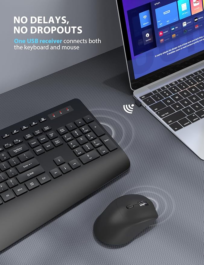 Wireless Keyboard and Mouse Combo - Full-Sized Ergonomic Design with Cushioned Wrist Rest, Built-in Phone Stand, Quiet 2.4GHz USB Connectivity for PC, Laptop - Trueque (Black, 2 Pack)