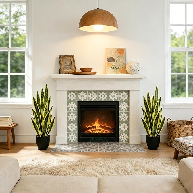 Artificial Snake Plant 2.3FT-2PCS, 27'' Sansevieria Plant with Black Pot, Low Maintenance Mother-in-Law's Tongue for Home Decor Indoor Outdoor, Desk Corner Office Hotel Garden(Yellow-2Pack)