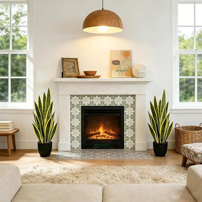 Artificial Snake Plant 2.3FT-2PCS, 27'' Sansevieria Plant with Black Pot, Low Maintenance Mother-in-Law's Tongue for Home Decor Indoor Outdoor, Desk Corner Office Hotel Garden(Yellow-2Pack)
