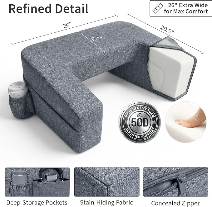 Septsun 26" Extra Wide Lap Desk Pillow - Gaming Reading Pillow & Laptop Lap Desk w/Ergonomic Arm Elbow Support for WFH, Bed, Couch, Floor - Fits 13-17" Laptop, Steam Deck, Switch (Modern Gray, Large)