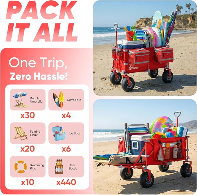 Sekey Heavy Duty Beach Wagon with 9" Big Sand-Proof Wheels, 300L Oversized Foldable Beach Cart with Cooler| Adjustable Handle & Balloon Tires for Sand, Camping,Vacation