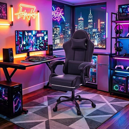 Gaming Chair with Footrest, Ergonomic Computer Gaming Desk Chair with Lumbar Support & Headrest, Adjustable High Back PU Leather Office Chair, Swivel Racing Style Gamer Chair, Black