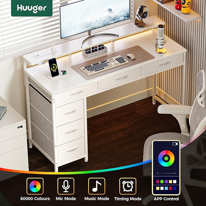 Huuger Gaming Desk with 6 Drawers, Computer Desk with LED Lights Power Outlets and Type-C, 39 Inch Office Desk with Storage, Monitor Stand, Writing Work Desk Home Office, Bedroom, White