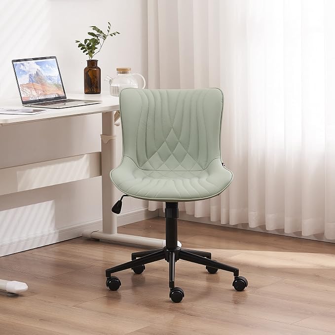 YOUNIKE Office Chair, Armless Desk Chair with Wheels, Home Office Computer Task Chairs, Modern Faux Leather Padded Vanity Chair, Adjustable Swivel Rolling Office Chair with Back, Mint Seafoam Green