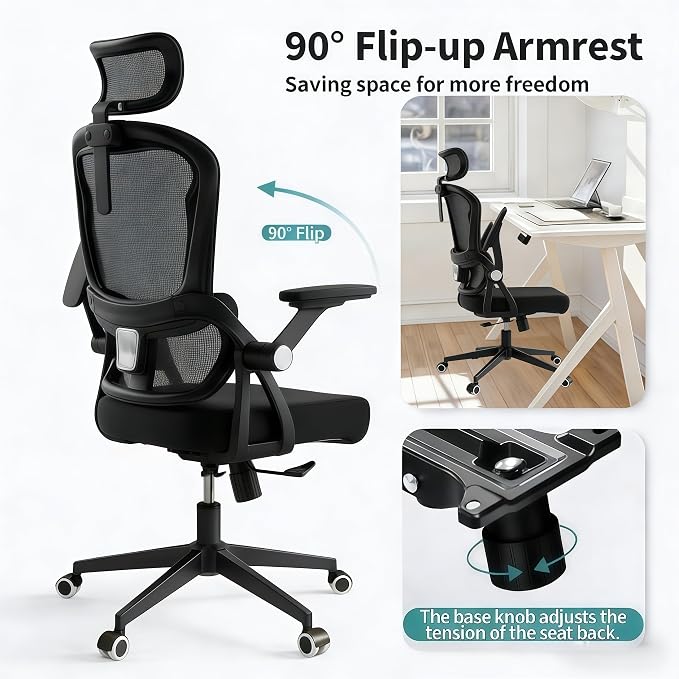 Ergonomic Office Chair - 400LB Comfy Desk Chairs with Adjustable Headrest and Lumbar Back Support, Mesh Computer Chairs with Wheels and Arms for Home Office, Study (218Black-With Headrest-NEW)