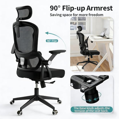Ergonomic Office Chair - 400LB Comfy Desk Chairs with Adjustable Headrest and Lumbar Back Support, Mesh Computer Chairs with Wheels and Arms for Home Office, Study (218Black-With Headrest-NEW)