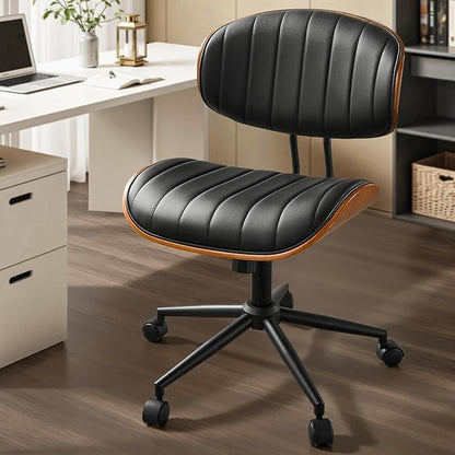 ovios Home Office Chair with Wheels, Modern PU Leather Swivel Computer Desk Chair, Mid Back Adjustable Height Armless Walnut Chairs for Office (Black Stripes)