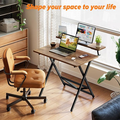 WOHOMO Folding Computer Desk with Adjustable Height, 23.6" x 31.5" x 25.6" Foldable Table with Monitor Stand, Small Office Desk for Bedroom, Space Saving Desk for Home Office, Easy Assemble, Walnut
