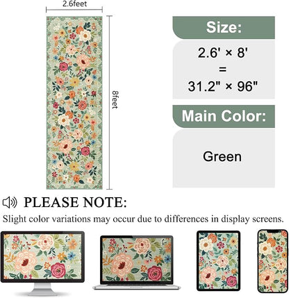 DUKINO 2.6x8 Kitchen Runner Rug for Hallway, Washable Runner Rug with Non Slip Backing, Low Pile Soft Boho Floral Carpet for Hallway, Kitchen, Entryway, Laundry, Bedroom, Green