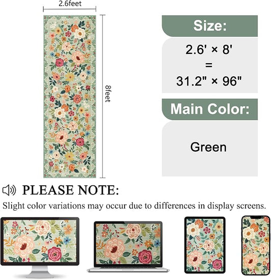 DUKINO 2.6x8 Kitchen Runner Rug for Hallway, Washable Runner Rug with Non Slip Backing, Low Pile Soft Boho Floral Carpet for Hallway, Kitchen, Entryway, Laundry, Bedroom, Green