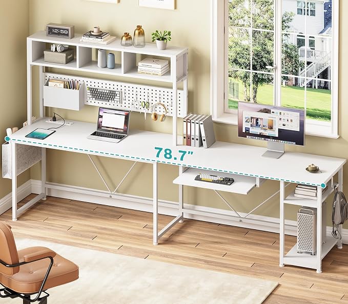 SEDETA White L Shaped Office Desk, 57.5” Corner Computer Desk with Power Outlet Pegboard and Keyboard Tray, Gaming Table with LED Lights, Hutch and Storage Shelves for Home Office