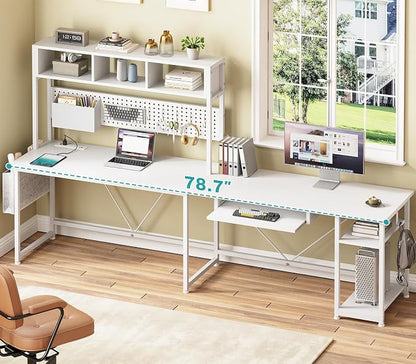SEDETA White L Shaped Office Desk, 57.5” Corner Computer Desk with Power Outlet Pegboard and Keyboard Tray, Gaming Table with LED Lights, Hutch and Storage Shelves for Home Office