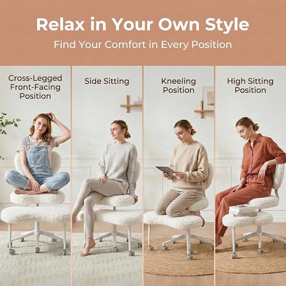 Cross Legged Office Chair with Wheels, 360 Swivel Height-Adjustable Meditation Chair with Lumbar Support, Beige