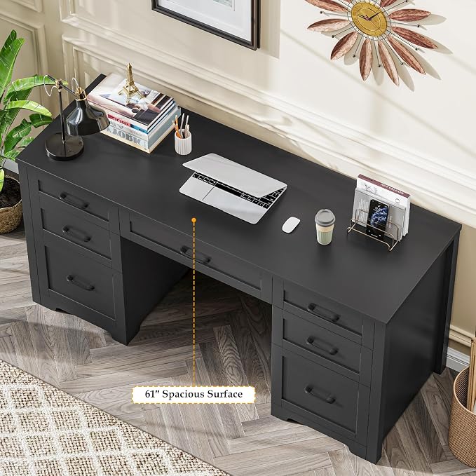 Vabches Farmhouse 61'' Executive Desk with 7 Drawers, Rustic Office Desk Computer Table with File Drawers, Wood Workstation for Study and Home Office,Pure Black