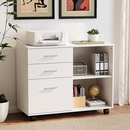 VINGLI 3 Drawer Wood Lateral File Cabinet with Adjustable Shelves & Locking Wheels, Printer Stand with Drawers for Letter Size Files, Sturdy White File Cabinets for Home Office, Study & Business