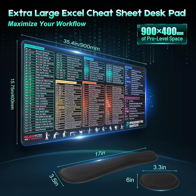 Excel Cheat Sheet Mouse Pad Set | 3-Piece XXL Ergonomic Desk Mat with Wrist Rest for Office & Gaming(Black)