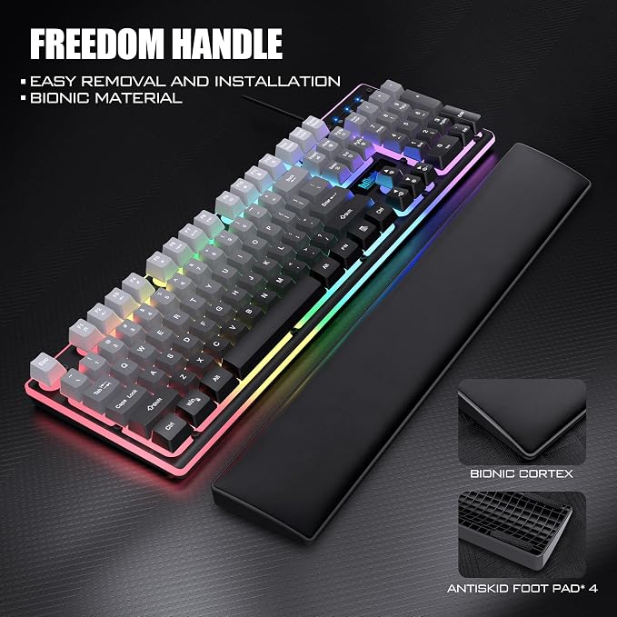 RedThunder K10 Wired Gaming Keyboard, Mouse Wrist Rest Combo, RGB Backlit, Mechanical Feel Anti-ghosting Keyboard + 7D 7200 DPI Mice+Soft Leather Wrist Rest 3 in 1 PC Gamer Accessories(Gradient Gray)