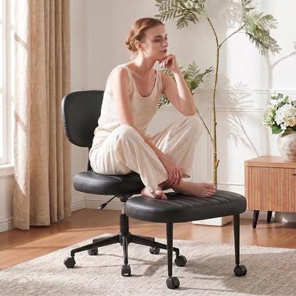 Cross Legged Office Chair with Wheels, 360 Swivel Height-Adjustable Meditation Chair with Lumbar Support, PU Leather, Black