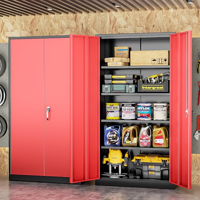 INTERGREAT Metal Storage Cabinet with Doors, 72" Locking Steel Storage Cabinet with Shelves, Tall Metal Cabinet Lockable Steel Cabinets for Home Office, Garage,(Black+Red)